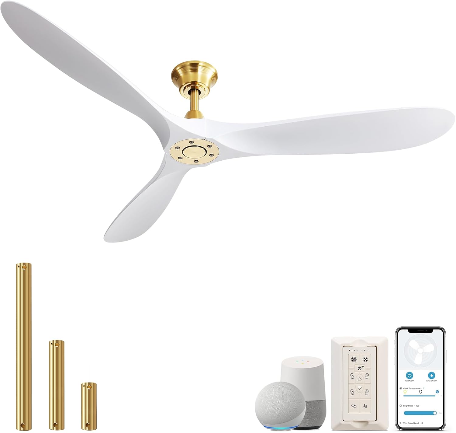 60″ White Smart Ceiling Fan Without Light - Modern Design, Quiet Reversible DC Motor, Remote-Controlled for Indoor & Outdoor Use