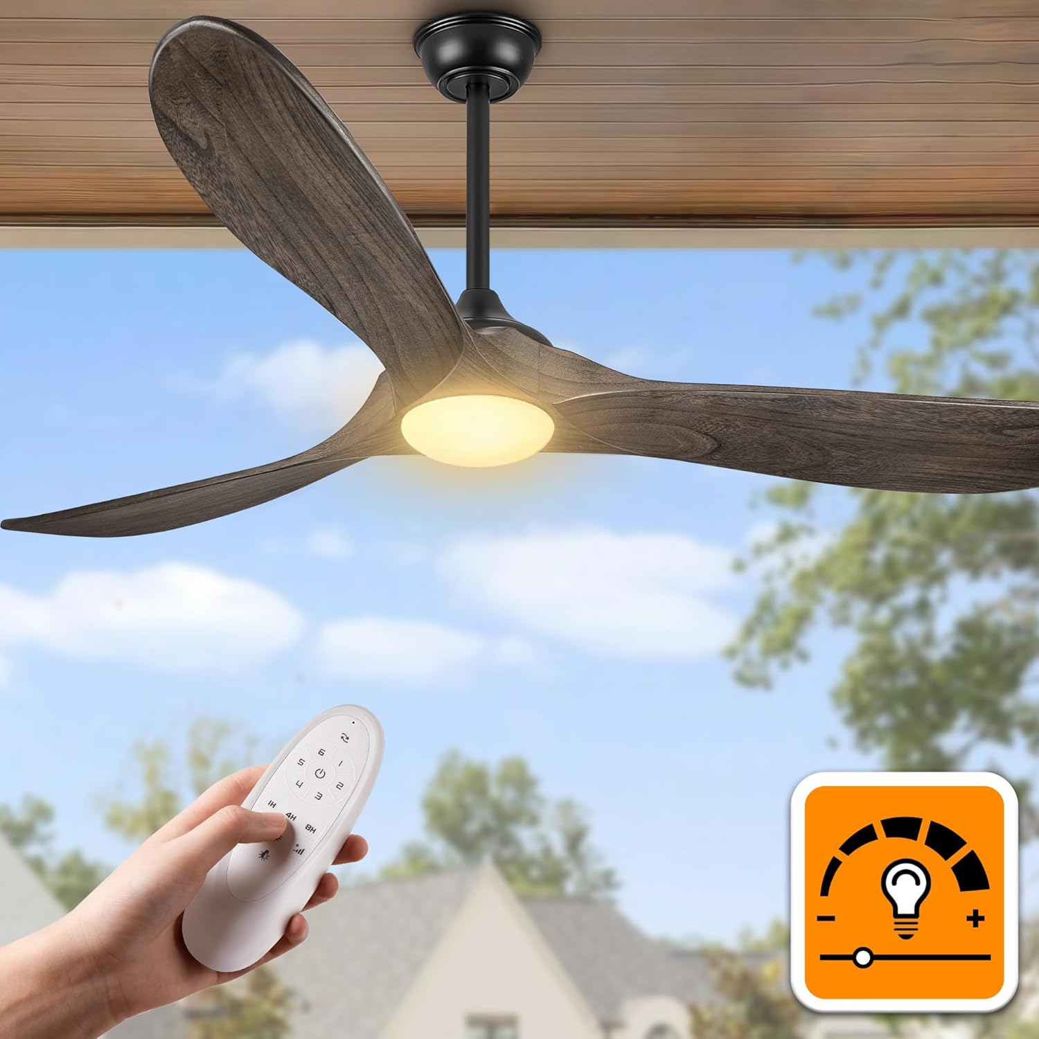 52″ Farmhouse Rustic Outdoor Ceiling Fan with Lights - Dimmable Solid Wood, Remote-Controlled, 3-Blade Propeller Design for Patio, Indoor Bedroom - Deep Brown