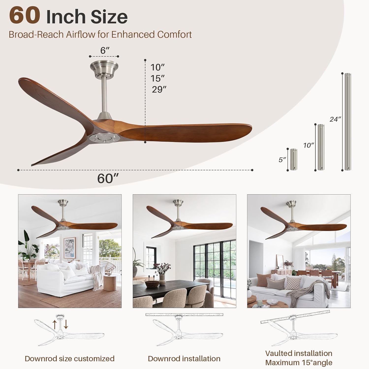 60″ Solid Wood Ceiling Fan Without Light Brown - Quiet Operation, Remote-Controlled, 3-Blade Design for Indoor & Outdoor Use