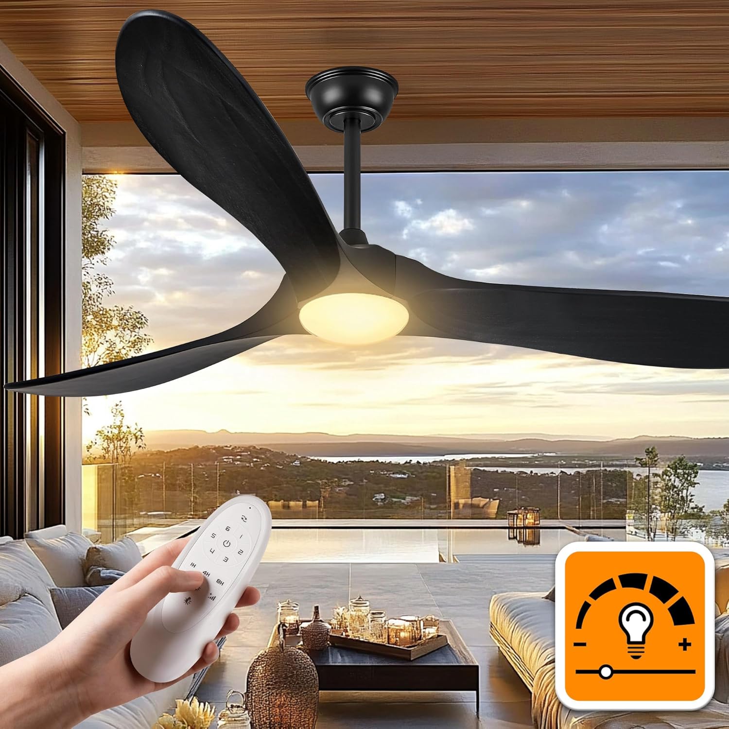 52″ 3-Blade Farmhouse Rustic Ceiling Fan with Lights - Dimmable Solid Wood, Outdoor Propeller Design, Remote-Controlled for Patio & Indoor Use