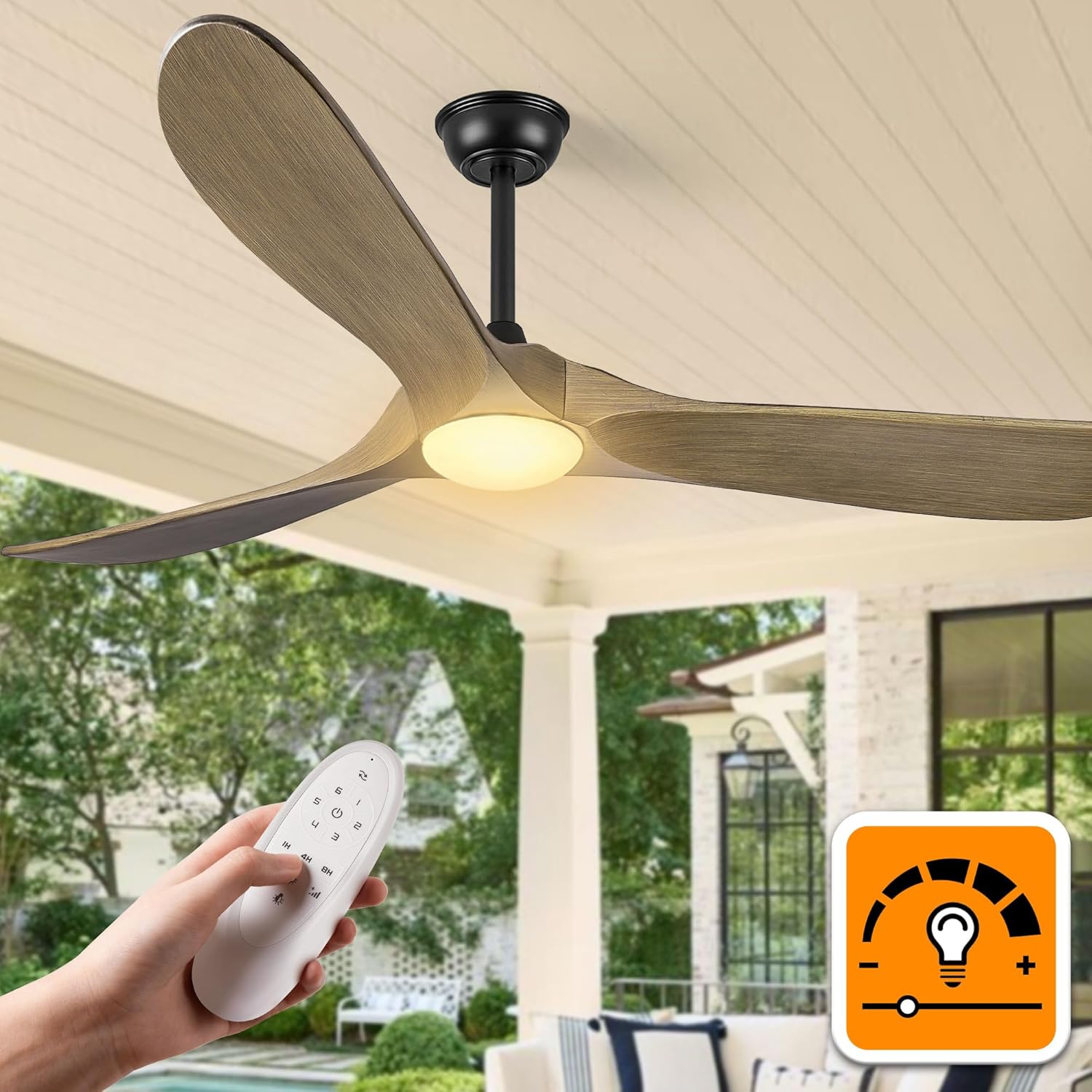 52″ Outdoor Ceiling Fan with Lights - Dimmable Solid Wood, Remote Control, 3-Blade Rustic Propeller Design for Patio, Bedroom, Indoor Use - Bronze Grey