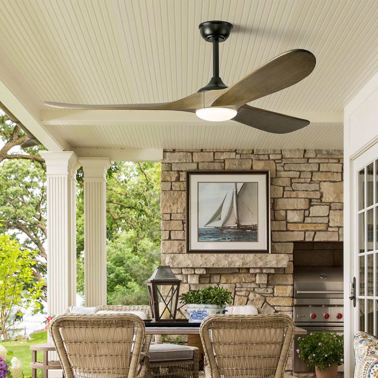 52″ Outdoor Ceiling Fan with Lights - Dimmable Solid Wood, Remote Control, 3-Blade Rustic Propeller Design for Patio, Bedroom, Indoor Use - Bronze Grey