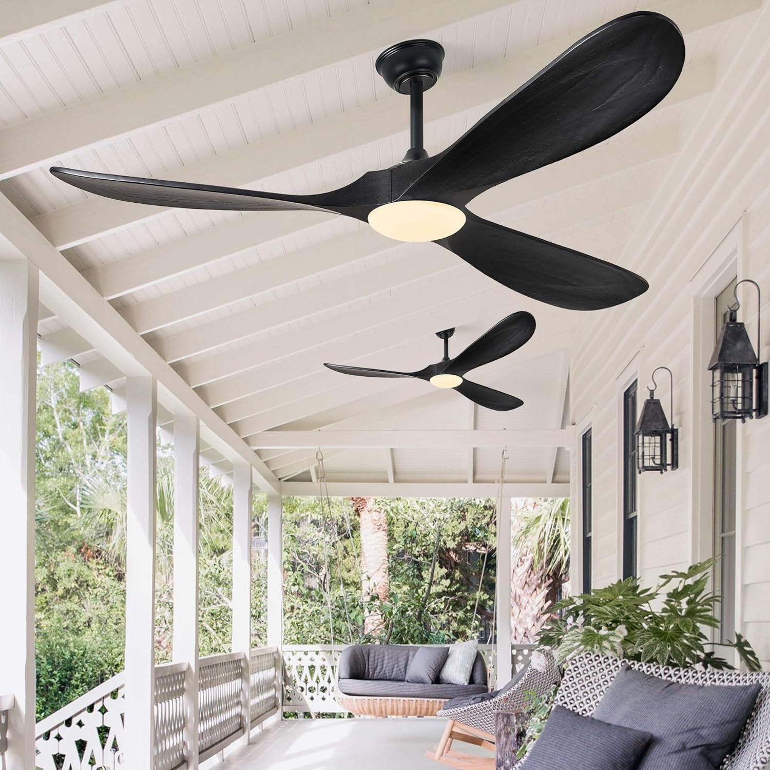 52″ 3-Blade Farmhouse Rustic Ceiling Fan with Lights - Dimmable Solid Wood, Outdoor Propeller Design, Remote-Controlled for Patio & Indoor Use