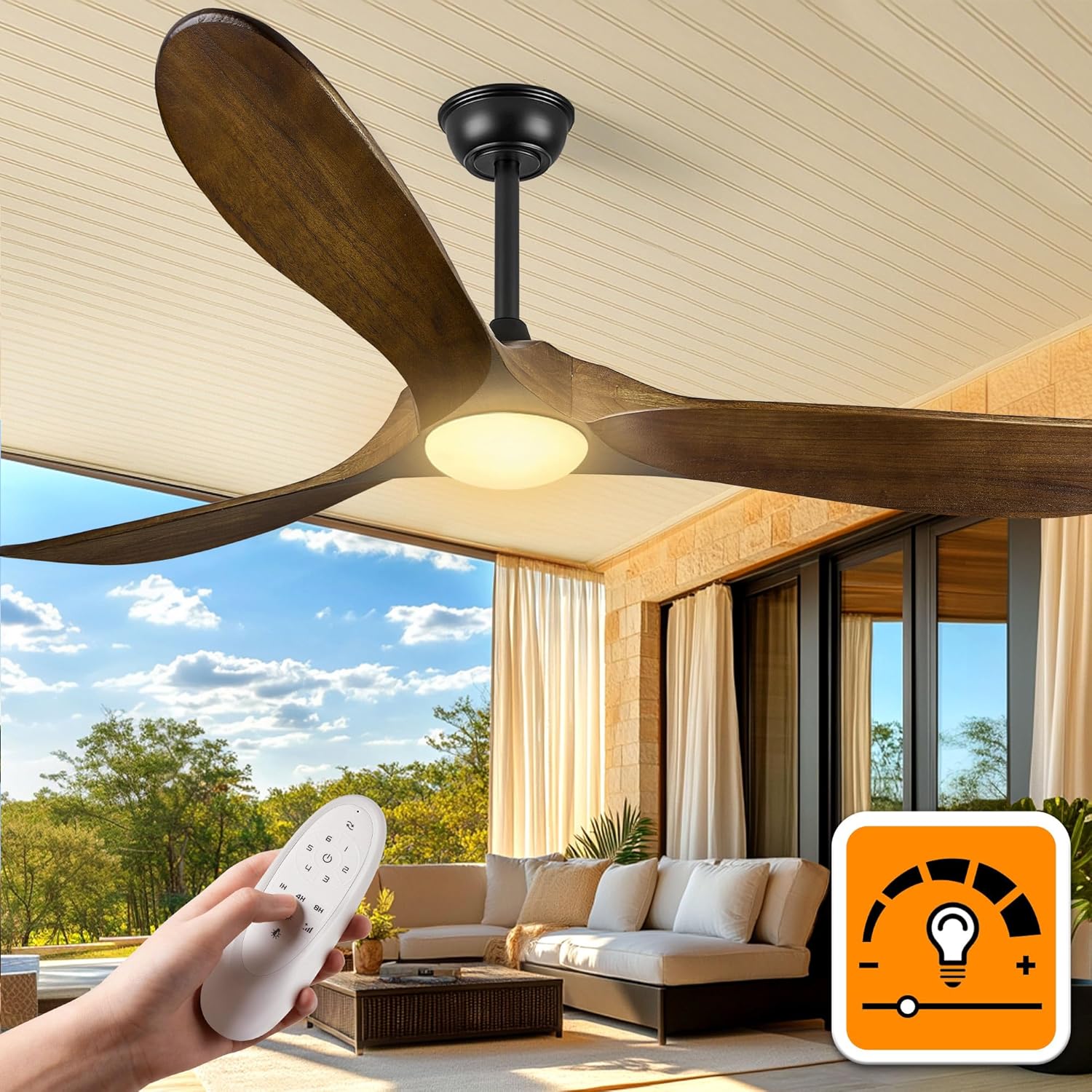 52″ Outdoor Ceiling Fan with Lights - Dimmable Solid Wood, Remote-Controlled, 3-Blade Rustic Propeller Design for Patio, Indoor Bedroom – Oil-Rubbed Bronze
