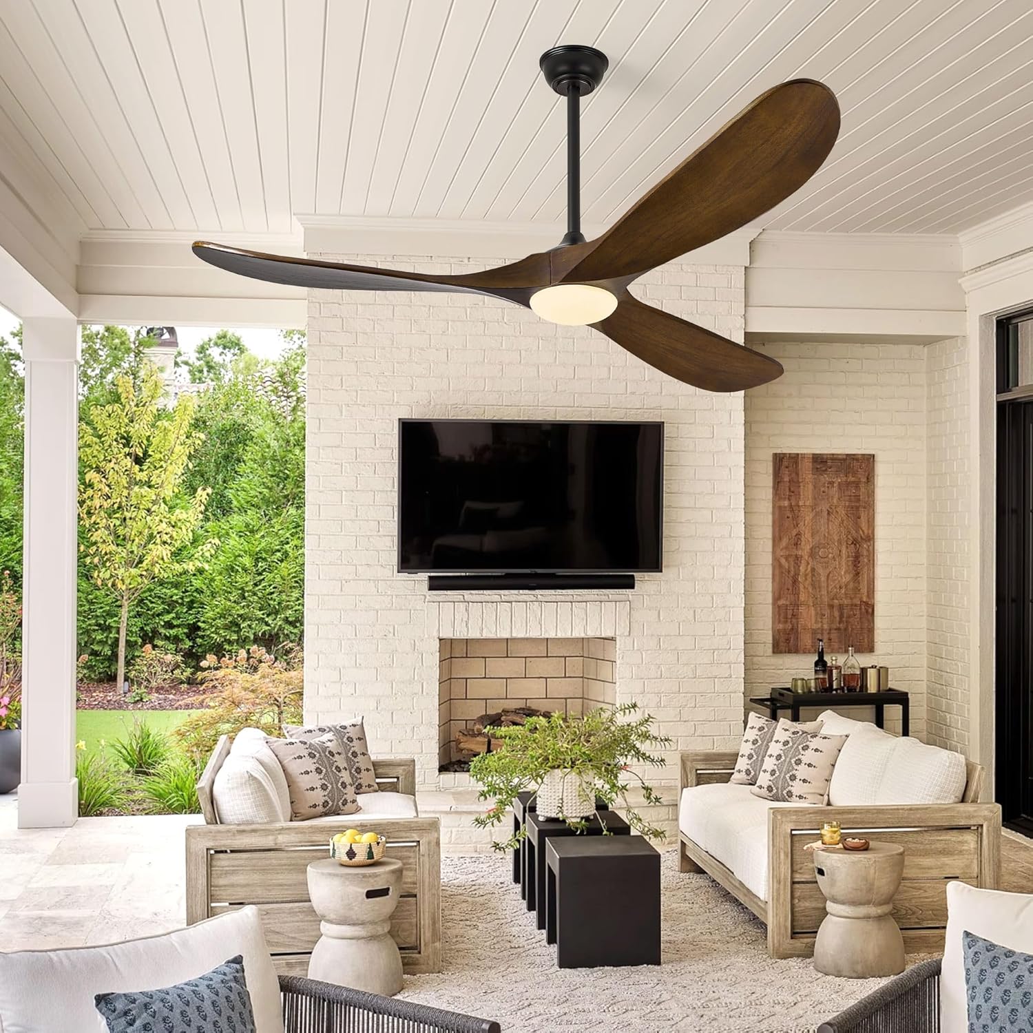 52″ Outdoor Ceiling Fan with Lights - Dimmable Solid Wood, Remote-Controlled, 3-Blade Rustic Propeller Design for Patio, Indoor Bedroom – Oil-Rubbed Bronze