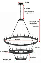 36-Light Industrial Loft Chandelier (18+12+6) Black Finish, 38" x 65" Wrought Iron Vintage Barn Castile Rustic Three-Tier Lighting Fixture