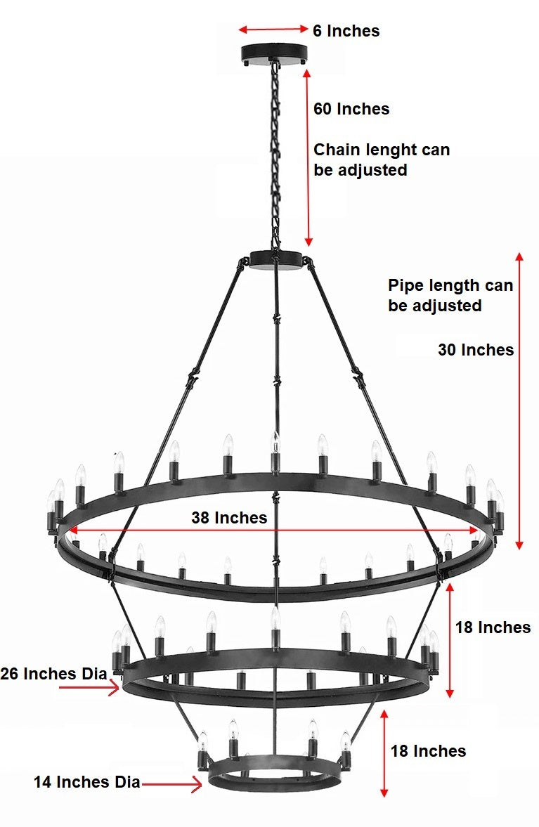 36-Light Industrial Loft Chandelier (18+12+6) Black Finish, 38" x 65" Wrought Iron Vintage Barn Castile Rustic Three-Tier Lighting Fixture