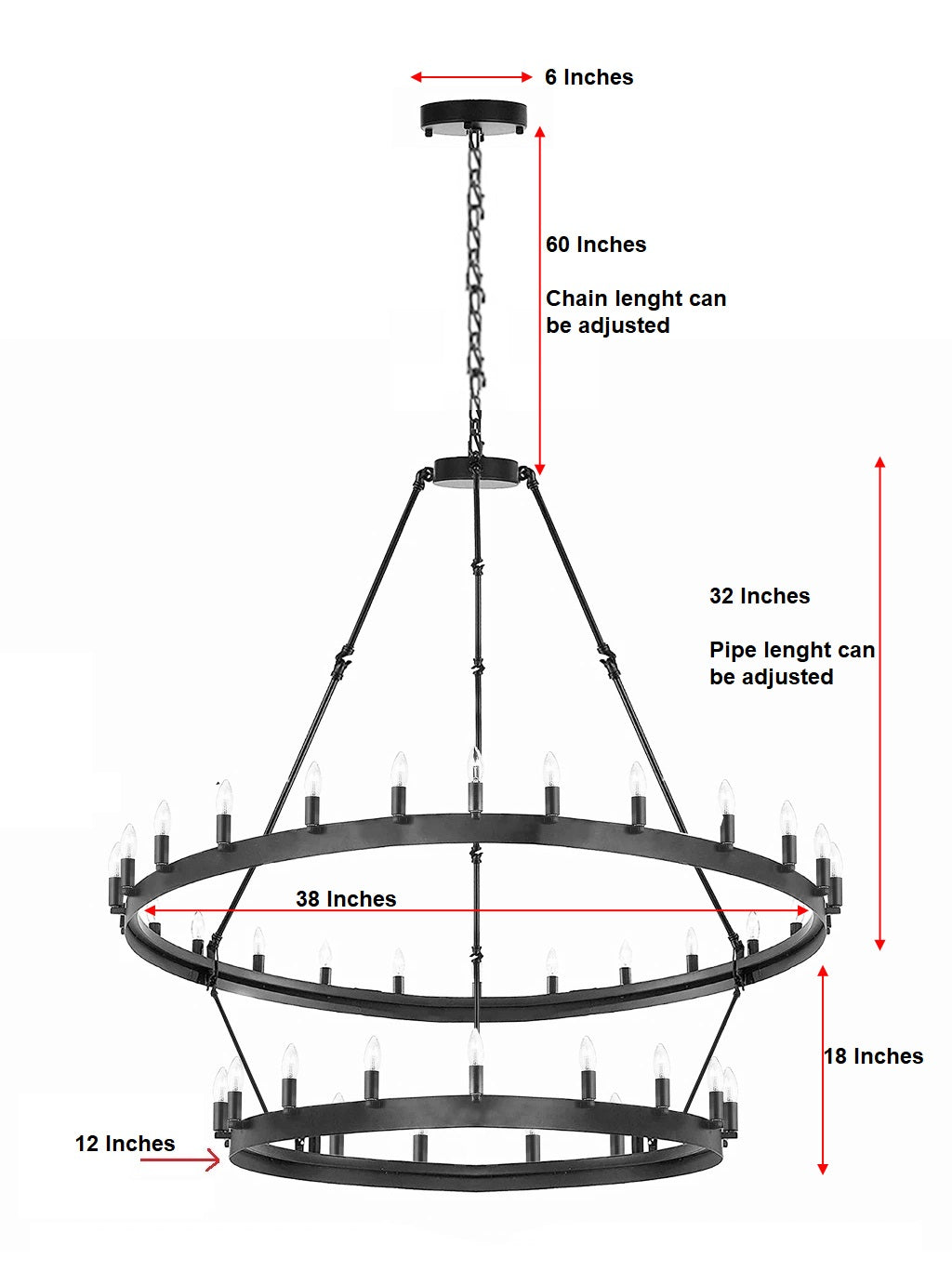 30-Light Elegant Chandelier Black Finish, 38"x50" Rustic Wrought Iron Vintage Barn Castile Industrial Loft Lighting