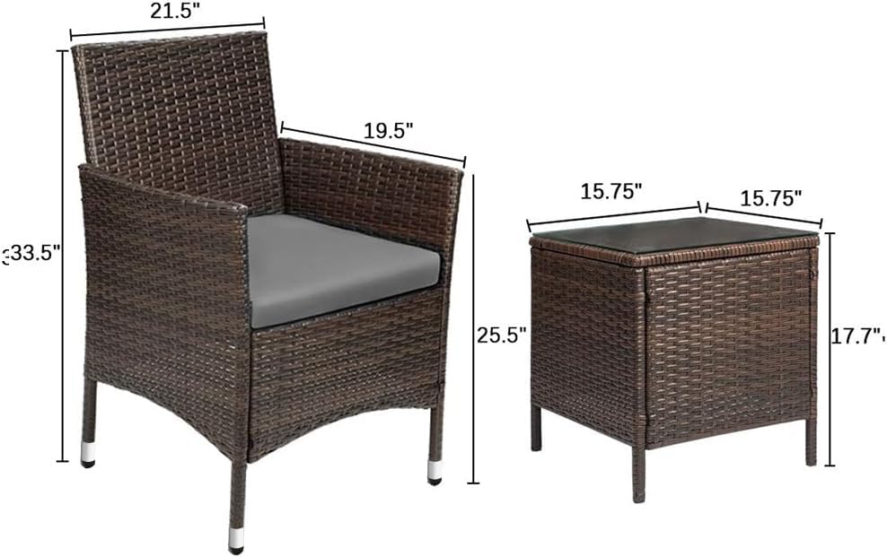 3-Piece Patio Porch Furniture Set, PE Rattan Wicker Chairs with Table, Outdoor Garden Conversation Set (Brown/Grey)