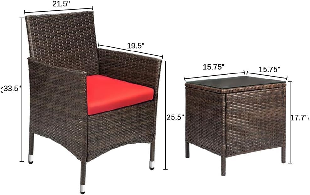 3-Piece Patio Porch Furniture Set, PE Rattan Wicker Chairs with Table, Outdoor Garden Conversation Set (Brown/Red)