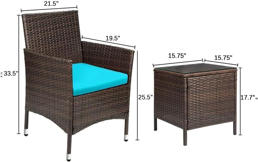 3-Piece Patio Porch Furniture Set, PE Rattan Wicker Chairs with Table, Outdoor Garden Conversation Set (Brown/Blue)