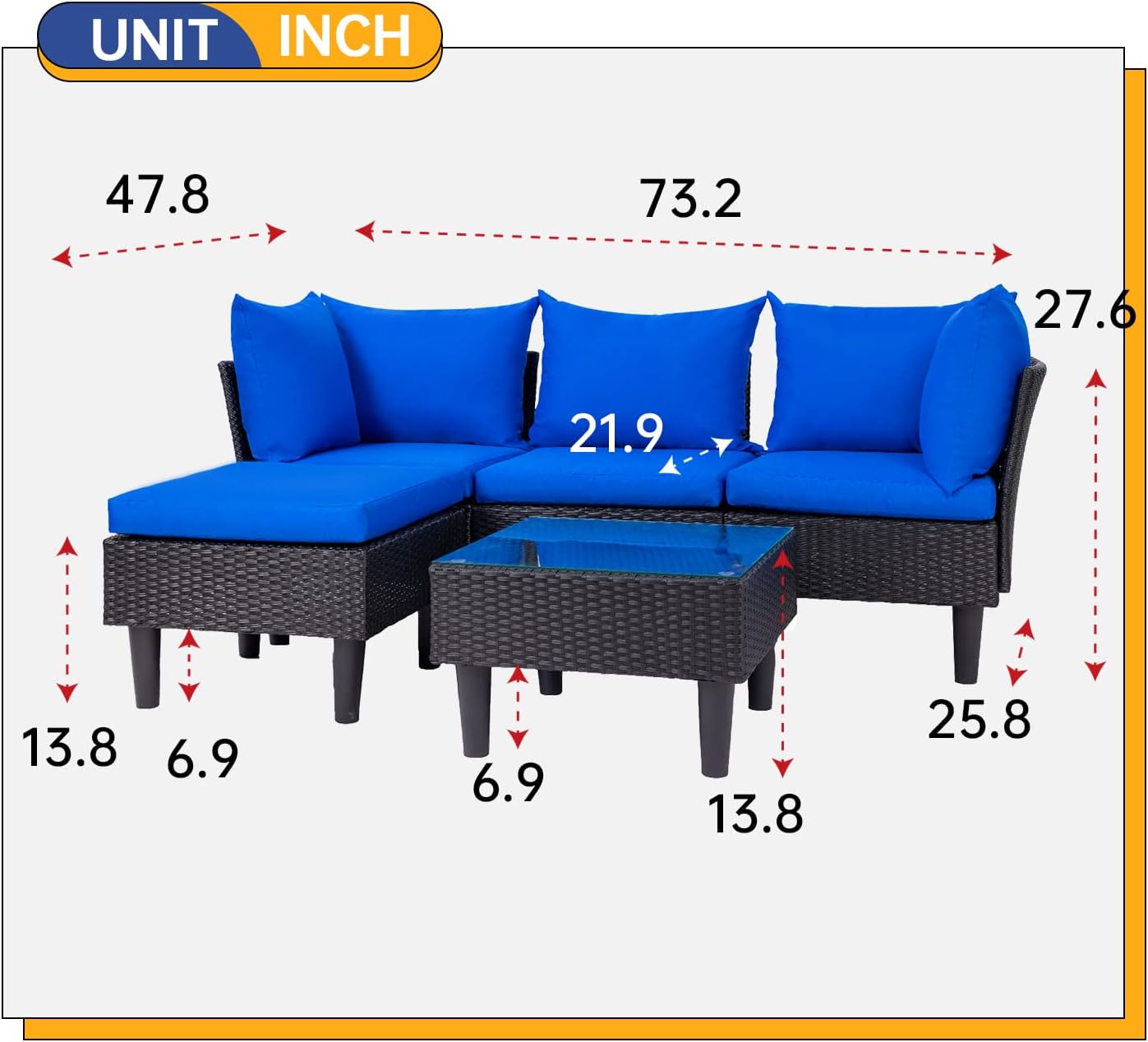 5-Piece Patio Sectional Furniture Set, Outdoor Wicker Rattan Sofa with Blue Cushions & Coffee Table for Backyard, Poolside, Porch & Garden
