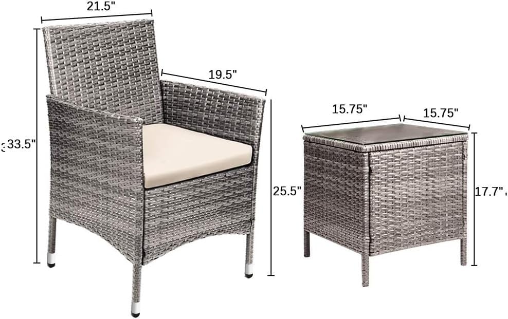 3-Piece Patio Porch Furniture Set, PE Rattan Wicker Chairs with Table, Outdoor Garden Conversation Set (Light Grey)