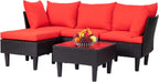 5-Piece Patio Sectional Furniture Set, Outdoor Wicker Rattan Sofa with Red Cushions & Coffee Table for Backyard, Poolside, Porch & Garden