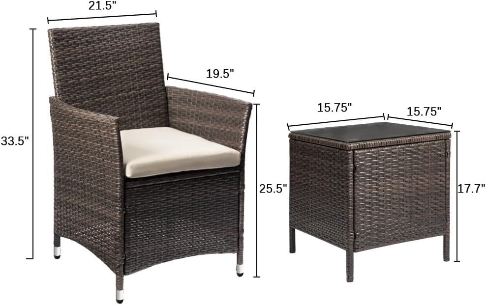 3-Piece Patio Porch Furniture Set, PE Rattan Wicker Chairs with Table, Outdoor Garden Conversation Set (Brown/Beige)