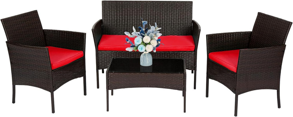 4-Piece Outdoor Patio Furniture Set, Red PE Rattan Wicker Chairs with Loveseat & Coffee Table – Weather-Resistant Conversation Seating for Porch, Garden & Lawn