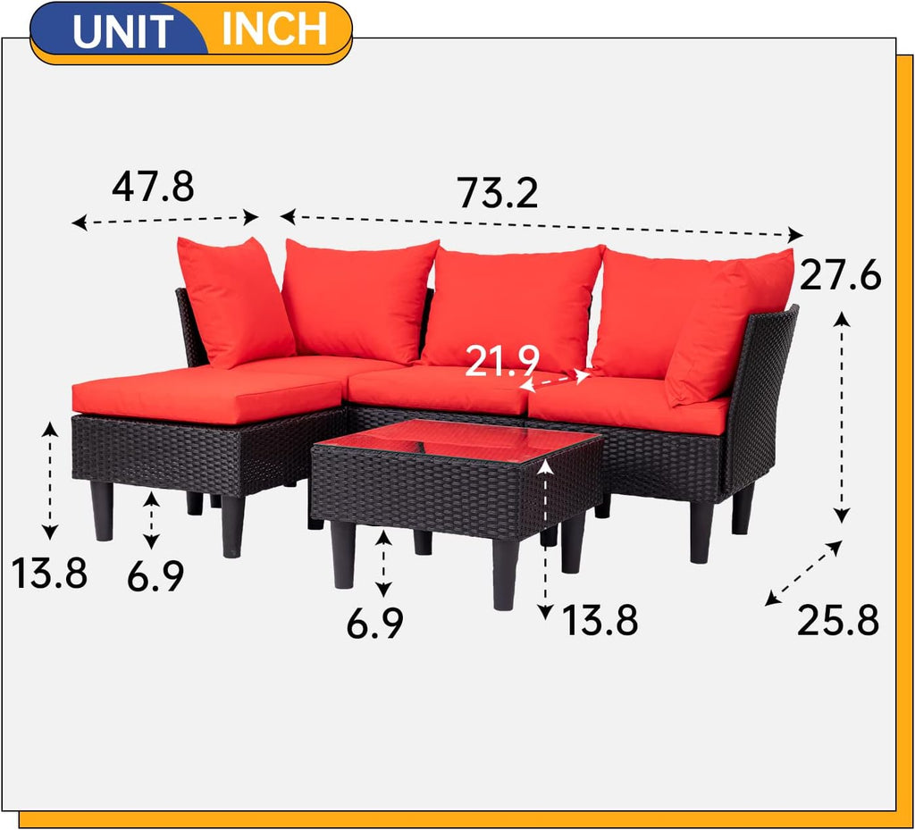 5-Piece Patio Sectional Furniture Set, Outdoor Wicker Rattan Sofa with Red Cushions & Coffee Table for Backyard, Poolside, Porch & Garden