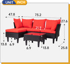 5-Piece Patio Sectional Furniture Set, Outdoor Wicker Rattan Sofa with Red Cushions & Coffee Table for Backyard, Poolside, Porch & Garden