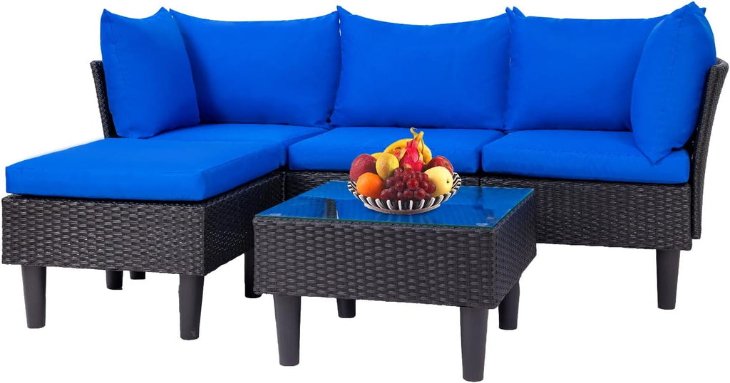 5-Piece Patio Sectional Furniture Set, Outdoor Wicker Rattan Sofa with Blue Cushions & Coffee Table for Backyard, Poolside, Porch & Garden