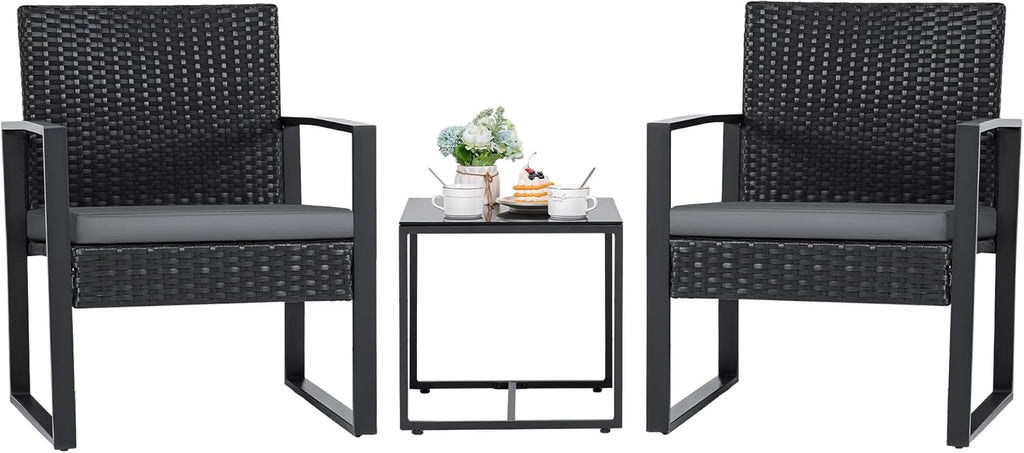 3-Piece Outdoor Patio Wicker Furniture Set, Modern Rattan Conversation Chairs with Coffee Table for Yard, Porch, Balcony & Bistro (Grey)