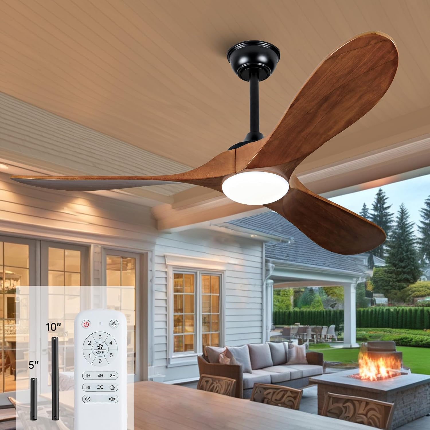 52" Indoor/Outdoor Ceiling Fan with Light and Remote, 3 Solid Walnut Blades, Quiet High CFM DC Motor & Memory Function for Patio or Porch