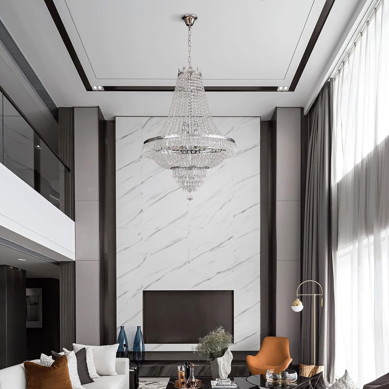 9-Light French Empire Crystal Chandelier, Silver Ceiling Lighting Fixture for Living Room, Dining Room, Foyer & Entryway