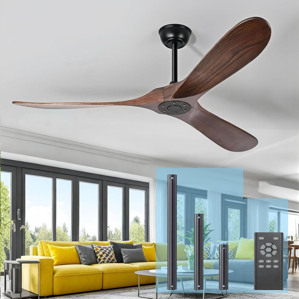 52" Ceiling Fan No Light with Remote, Solid Wood Blades, Indoor/Outdoor Wet Rated (Dark Walnut)