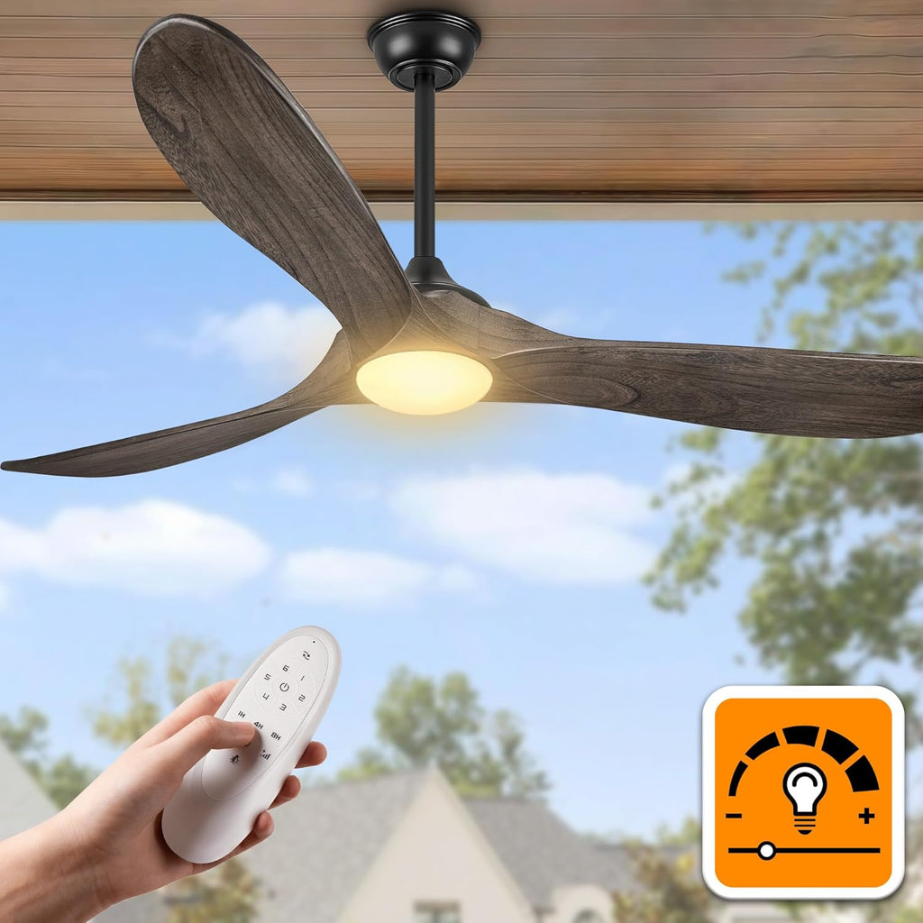 52″ Farmhouse Rustic Outdoor Ceiling Fan with Lights - Dimmable Solid Wood, Remote-Controlled, 3-Blade Propeller Design for Patio, Indoor Bedroom - Deep Brown