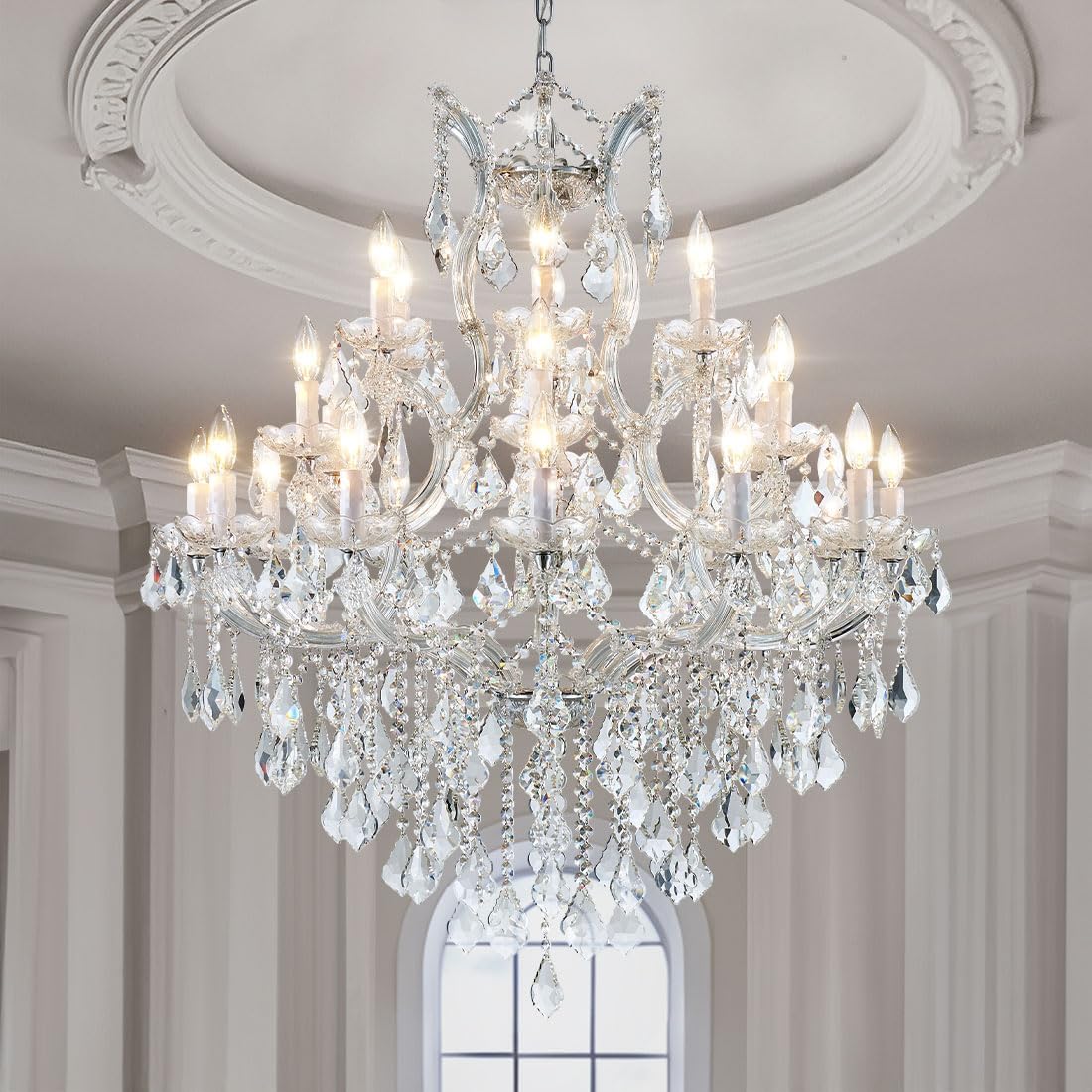 24-Light Large Modern Crystal Chandelier, 3-Layer High Ceiling Lighting Fixture for Lobby, Foyer, Staircase & Entrance Hall