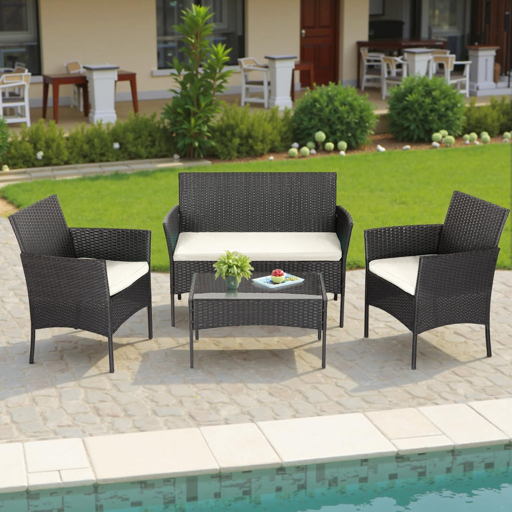 4-Piece Outdoor Patio Furniture Set, Black PE Rattan Wicker Chairs with Loveseat & Coffee Table – Weather-Resistant Conversation Seating for Porch, Garden & Lawn
