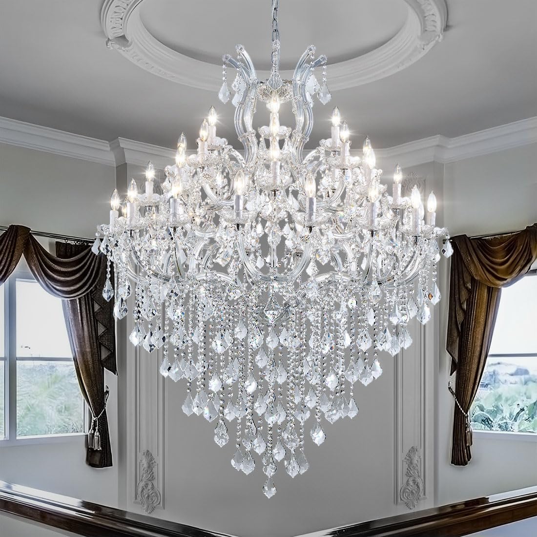 36-Light Large Modern Chrome Crystal Chandelier, 4-Layer Luxury Ceiling Light Fixture for Hotel, Lobby, Foyer & Staircase