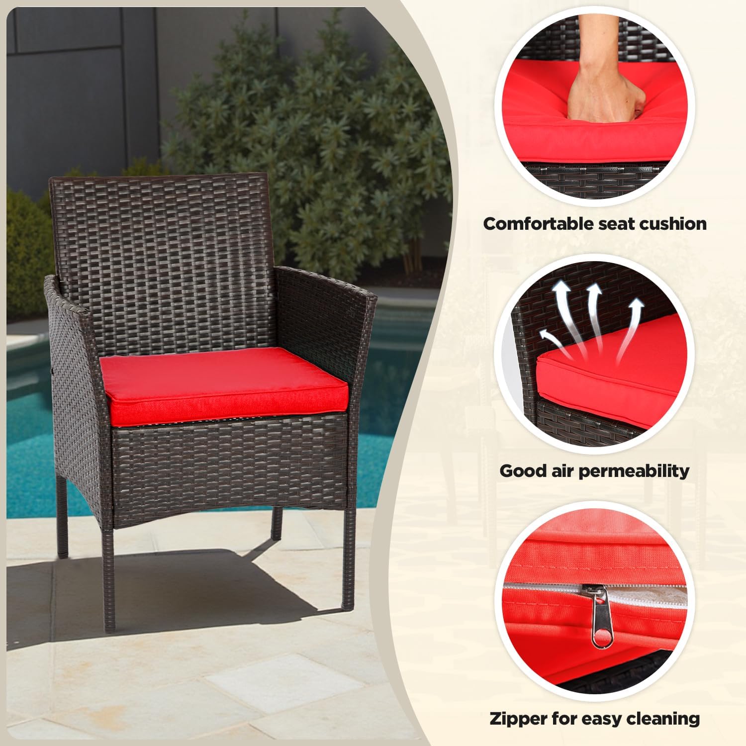 4-Piece Outdoor Patio Furniture Set, Red PE Rattan Wicker Chairs with Loveseat & Coffee Table – Weather-Resistant Conversation Seating for Porch, Garden & Lawn