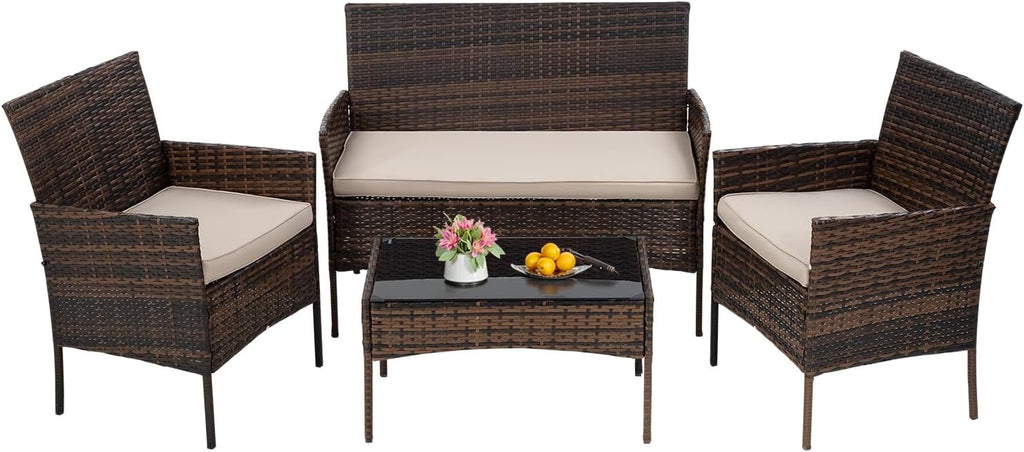4-Piece Outdoor Patio Furniture Set, Brown PE Rattan Wicker Chairs with Loveseat & Coffee Table – Weather-Resistant Conversation Seating for Porch, Garden & Lawn