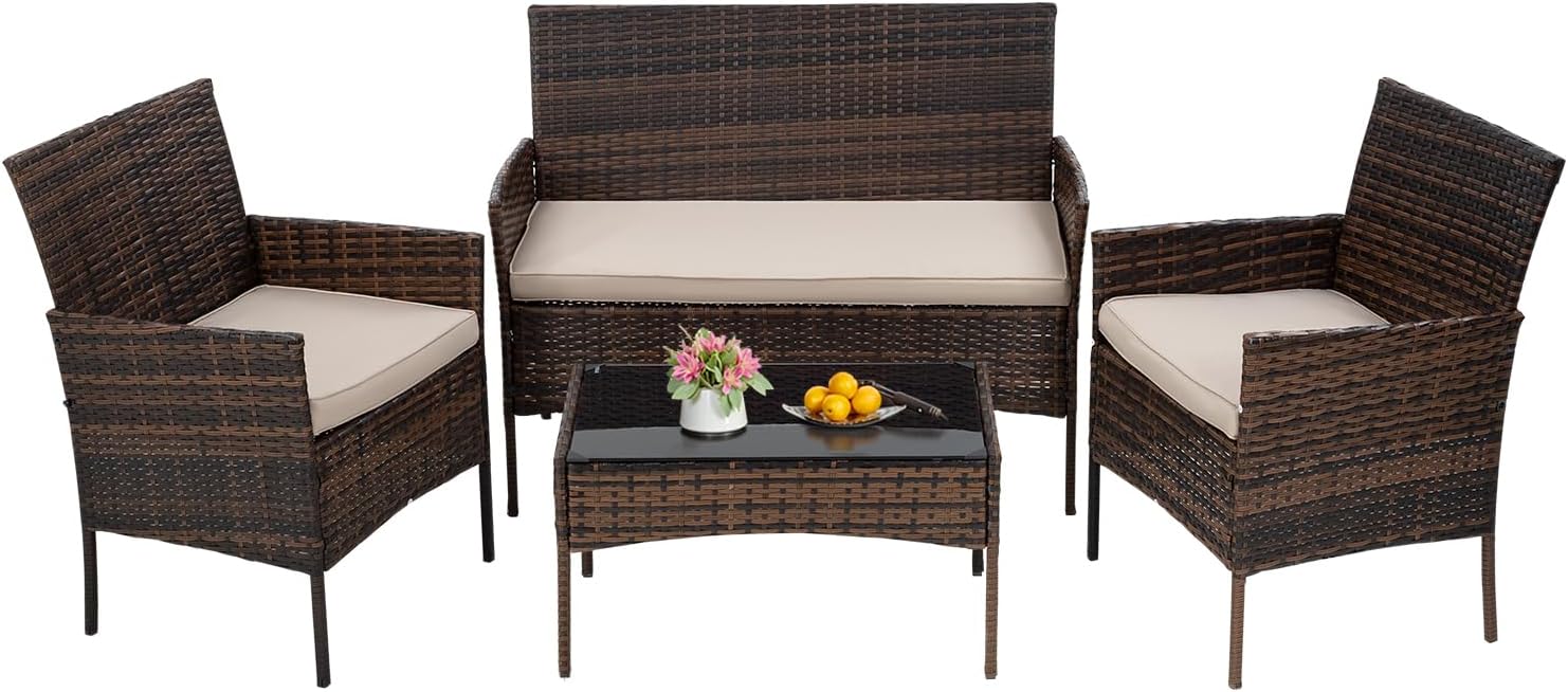 4-Piece Outdoor Patio Furniture Set, Brown PE Rattan Wicker Chairs with Loveseat & Coffee Table – Weather-Resistant Conversation Seating for Porch, Garden & Lawn