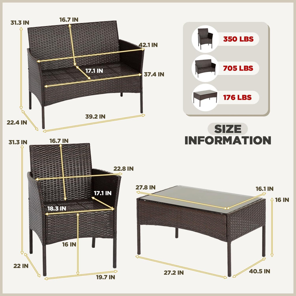 4-Piece Outdoor Patio Furniture Set, Red PE Rattan Wicker Chairs with Loveseat & Coffee Table – Weather-Resistant Conversation Seating for Porch, Garden & Lawn