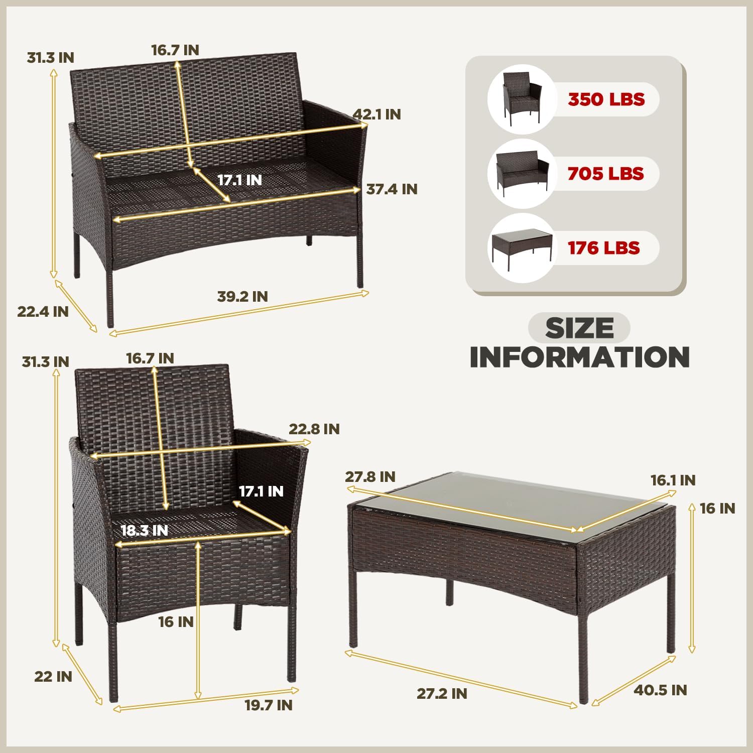 4-Piece Outdoor Patio Furniture Set, Red PE Rattan Wicker Chairs with Loveseat & Coffee Table – Weather-Resistant Conversation Seating for Porch, Garden & Lawn
