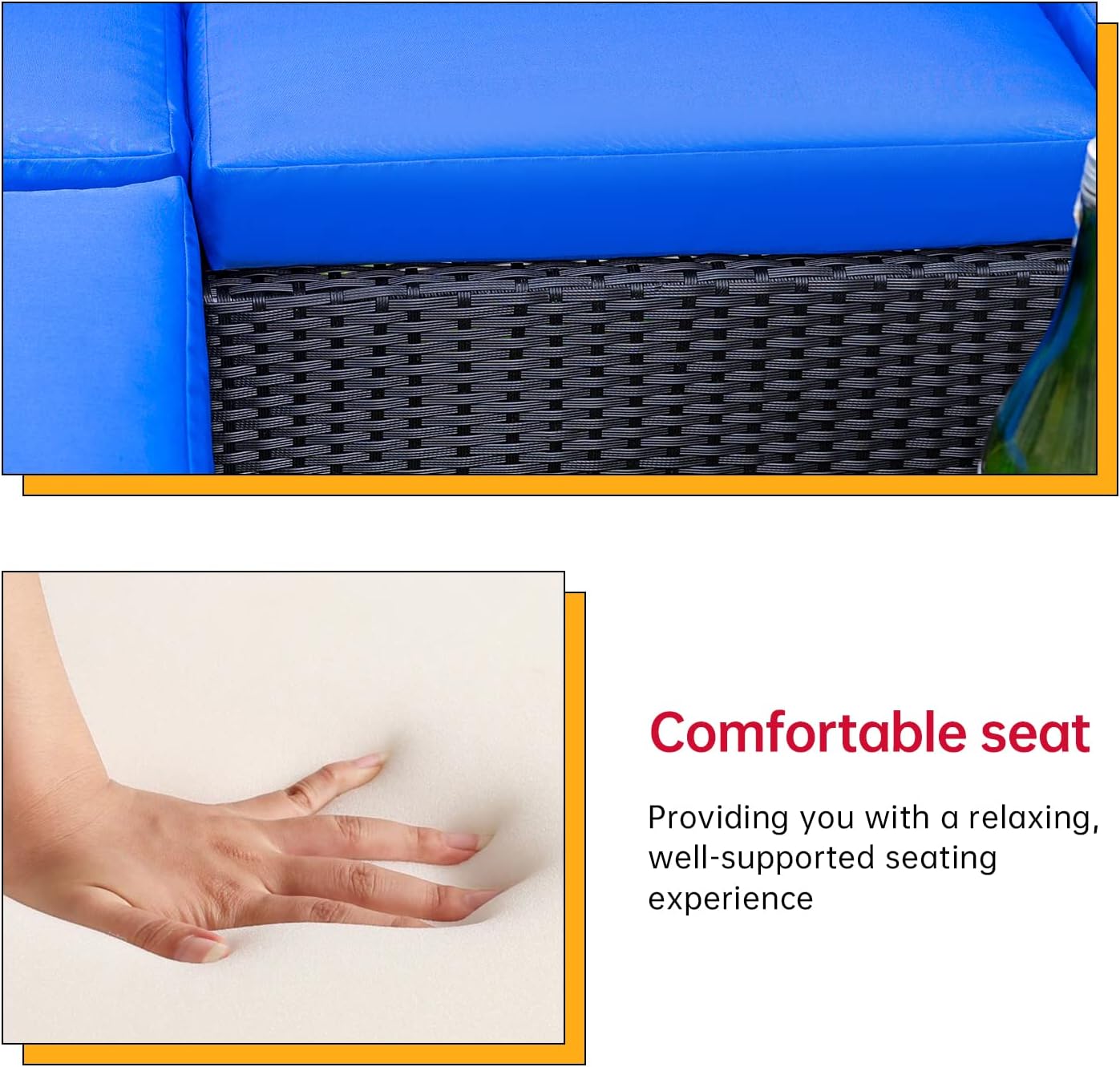 5-Piece Patio Sectional Furniture Set, Outdoor Wicker Rattan Sofa with Blue Cushions & Coffee Table for Backyard, Poolside, Porch & Garden