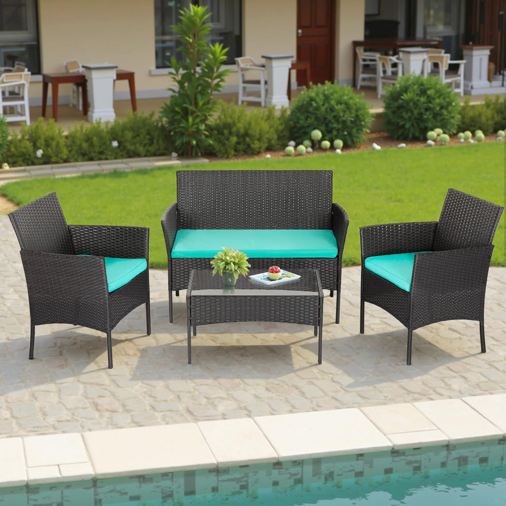 4-Piece Outdoor Patio Furniture Set, Blue PE Rattan Wicker Chairs with Loveseat & Coffee Table – Weather-Resistant Conversation Seating for Porch, Garden & Lawn