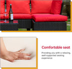 5-Piece Patio Sectional Furniture Set, Outdoor Wicker Rattan Sofa with Red Cushions & Coffee Table for Backyard, Poolside, Porch & Garden