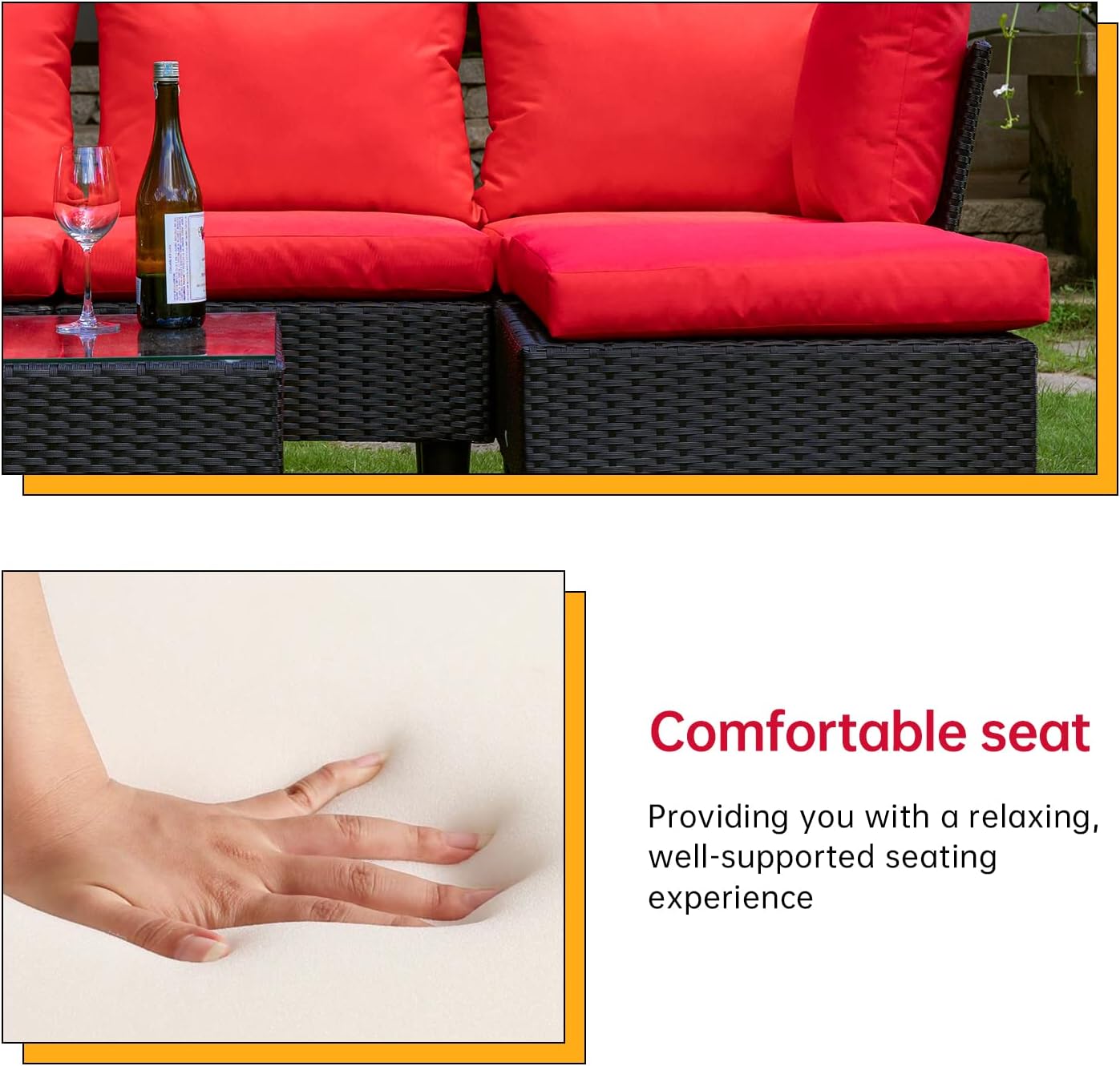 5-Piece Patio Sectional Furniture Set, Outdoor Wicker Rattan Sofa with Red Cushions & Coffee Table for Backyard, Poolside, Porch & Garden