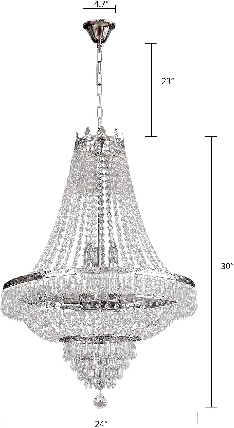 9-Light French Empire Crystal Chandelier, Silver Ceiling Lighting Fixture for Living Room, Dining Room, Foyer & Entryway