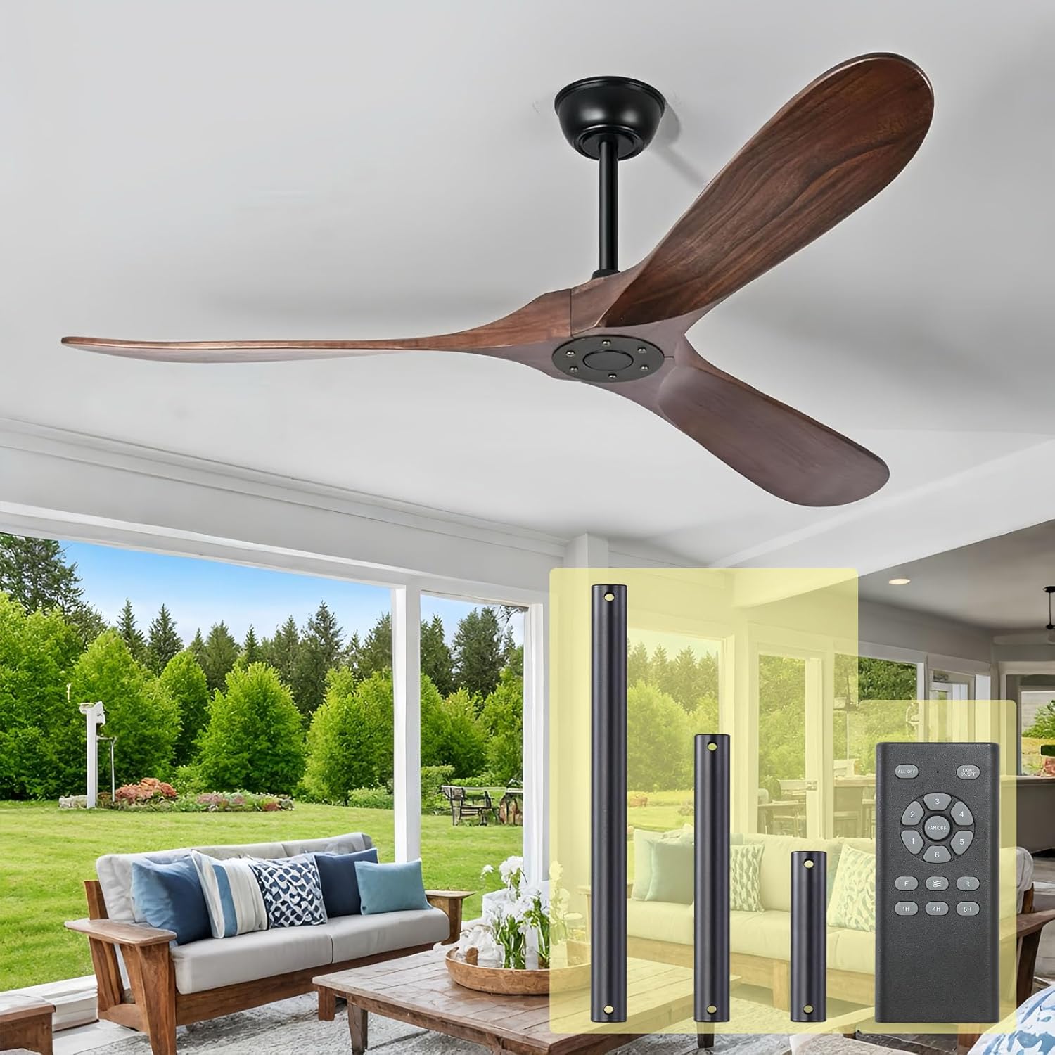 72" Extra Large Ceiling Fan No Light, Solid Wood Indoor/Outdoor with Downrod (Dark Walnut)