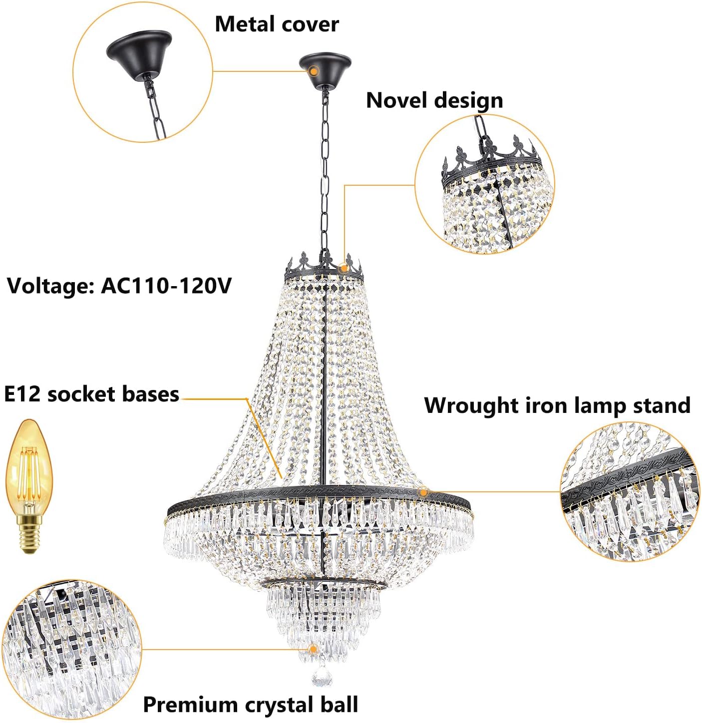 9-Light French Empire Crystal Chandelier, Black Ceiling Lighting Fixture for Living Room, Dining Room, Foyer & Entryway