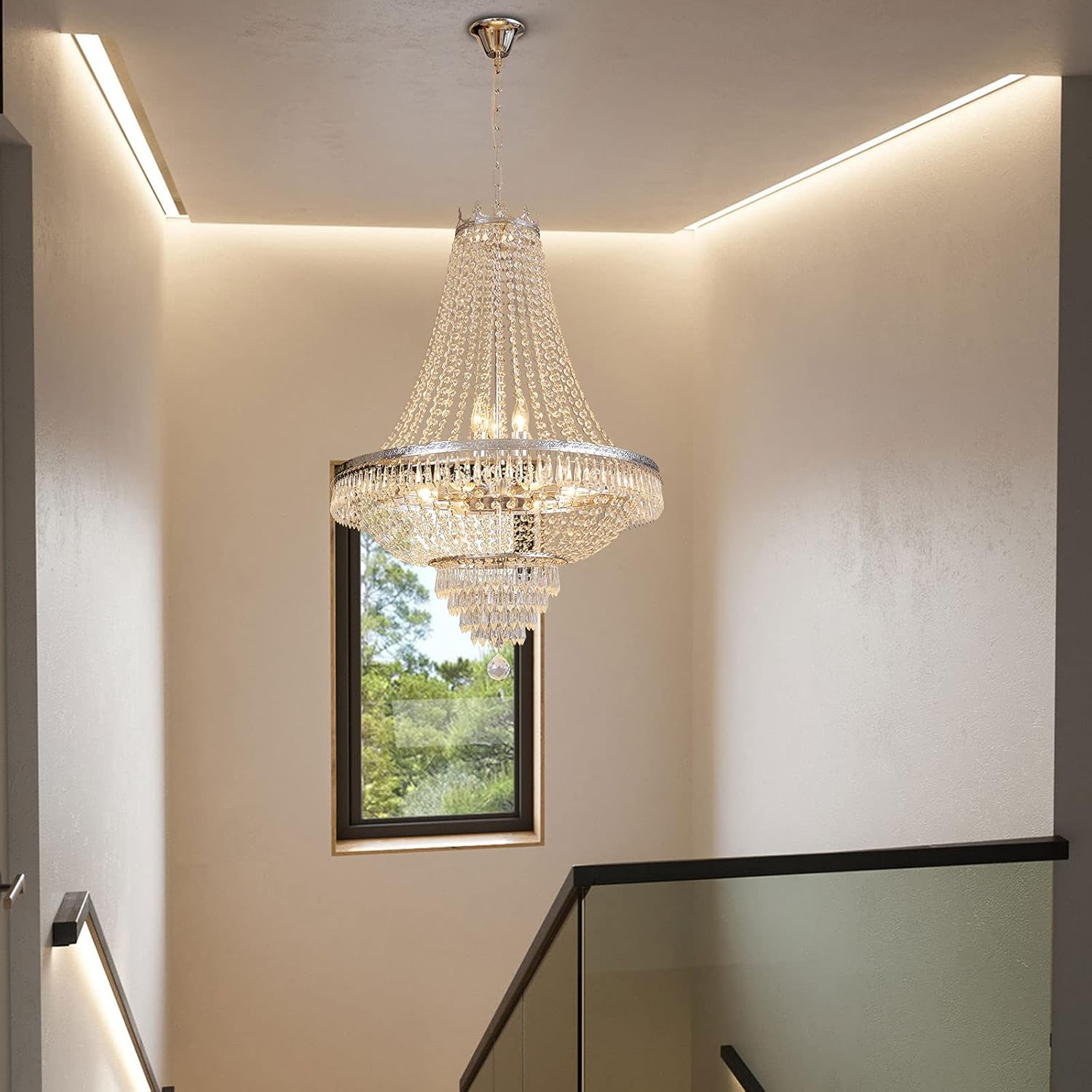 9-Light French Empire Crystal Chandelier, Silver Ceiling Lighting Fixture for Living Room, Dining Room, Foyer & Entryway