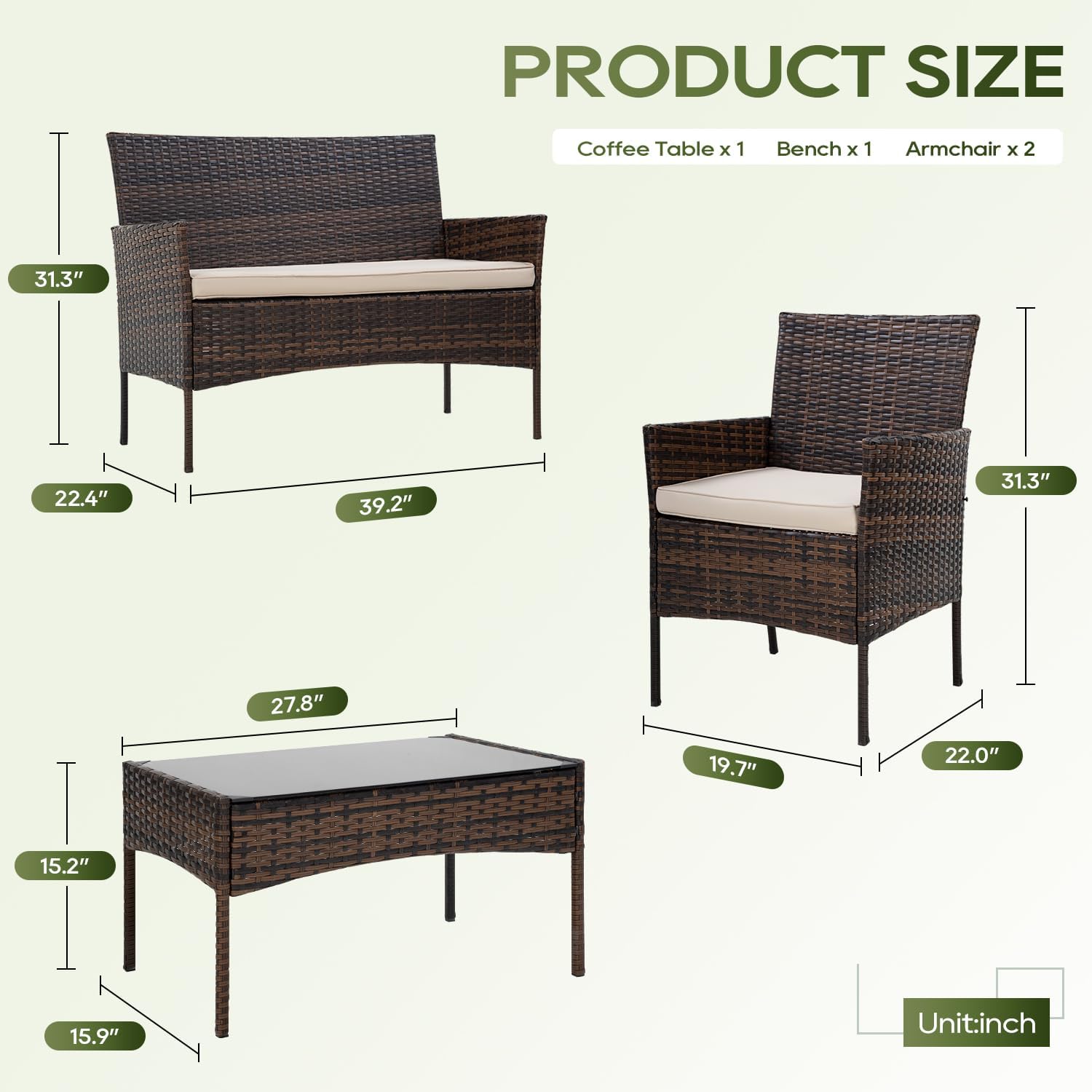 4-Piece Outdoor Patio Furniture Set, Brown PE Rattan Wicker Chairs with Loveseat & Coffee Table – Weather-Resistant Conversation Seating for Porch, Garden & Lawn