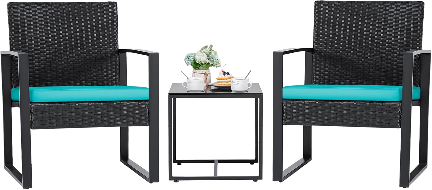 3-Piece Outdoor Patio Wicker Furniture Set, Modern Rattan Conversation Chairs with Coffee Table for Yard, Porch, Balcony & Bistro (Blue)