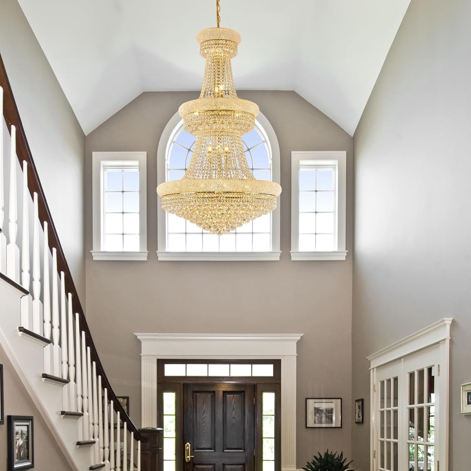 31 Lights Gold Finish Large Empire Crystal Chandelier Three-Tier, High Ceiling Chandelier Light fixtures for Foyer Staircase Living Room Entryway 51"H x 32"W V22-28