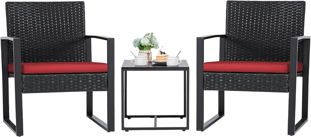 3-Piece Outdoor Patio Wicker Furniture Set, Modern Rattan Conversation Chairs with Coffee Table for Yard, Porch, Balcony & Bistro (Red)