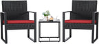3-Piece Outdoor Patio Wicker Furniture Set, Modern Rattan Conversation Chairs with Coffee Table for Yard, Porch, Balcony & Bistro (Red)