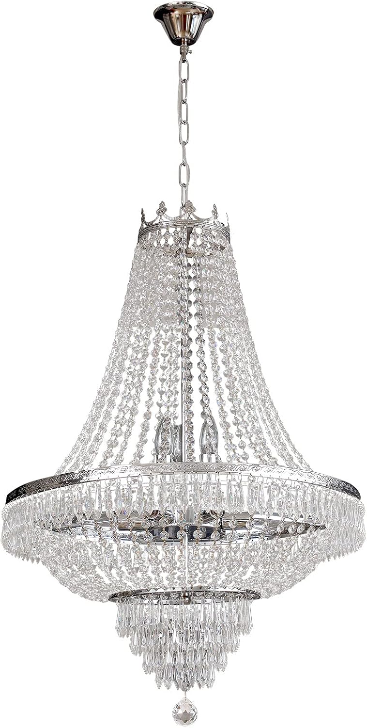 9-Light French Empire Crystal Chandelier, Silver Ceiling Lighting Fixture for Living Room, Dining Room, Foyer & Entryway